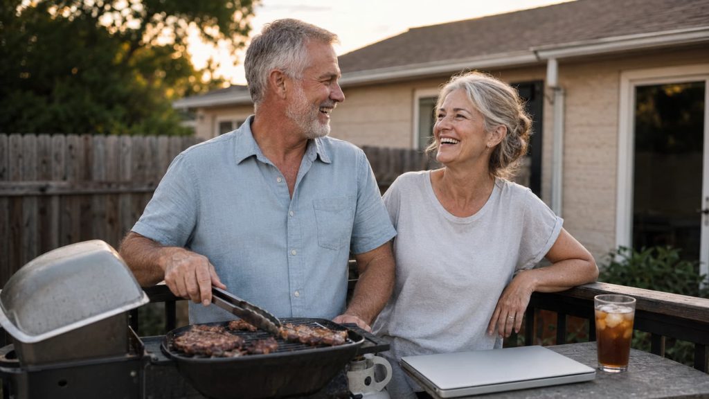 Relaxed couple in their early sixties laughing at a backyard grill at golden hour, unwound after tracking down a copy of a W-2 from a previous year and filing the late return.