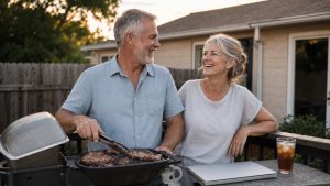 Relaxed couple in their early sixties laughing at a backyard grill at golden hour, unwound after tracking down a copy of a W-2 from a previous year and filing the late return.