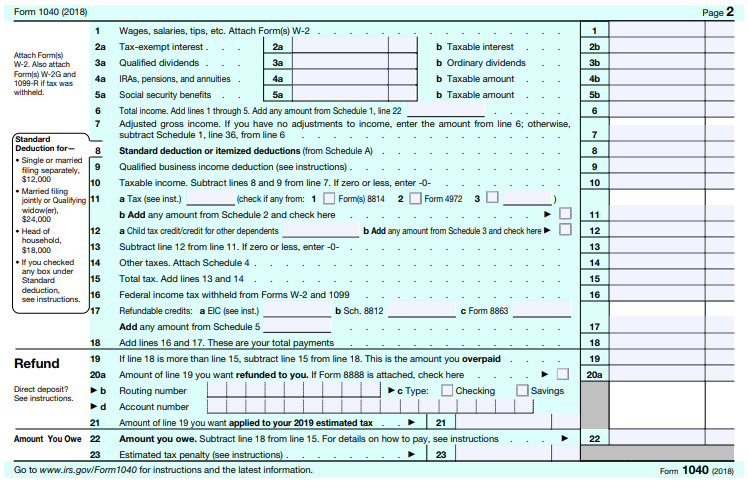 Instructions For Filing The New 18 Form 1040 Priortax Blog