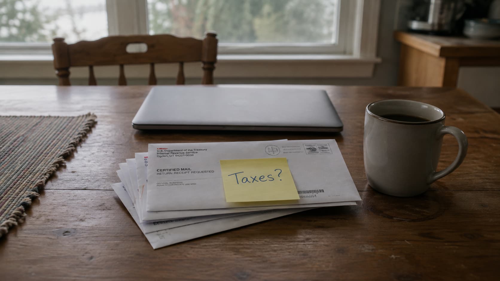 A stack of unopened certified IRS mail sits beside a closed laptop on a kitchen table with a sticky note reading Taxes?, representing unfiled back taxes before the IRS files a substitute return.