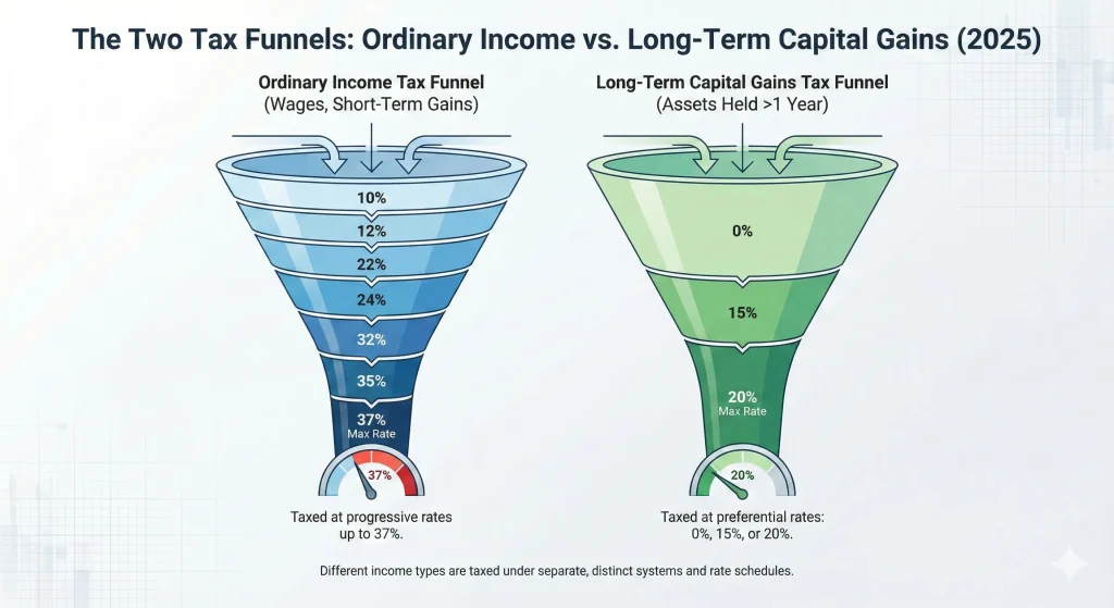 Flowchart comparing ordinary income rates to 2025 capital gains tax brackets