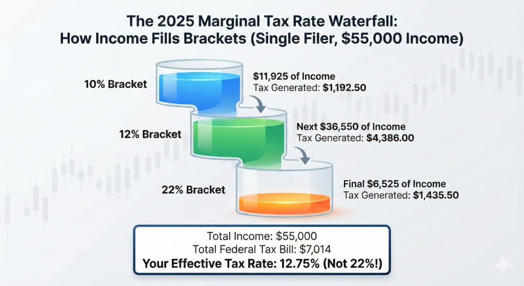 Visual example of how marginal 2025 tax brackets apply to a 55,000 income