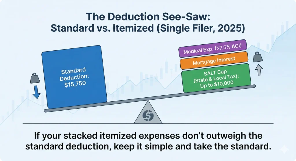 Graphic comparing the 2025 standard deduction against itemized tax expenses