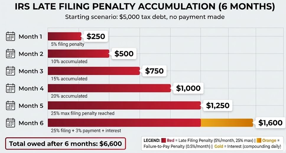 IRS late filing penalty accumulation chart showing $5,000 tax debt growing to $6,600 over six months with 5% monthly filing penalties and compounding interest