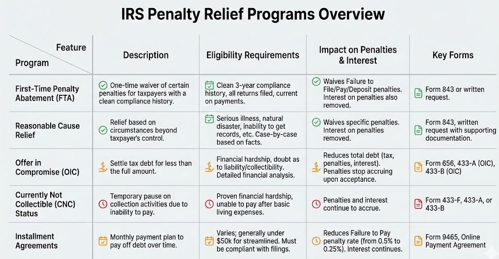 Comparison chart of five IRS penalty relief programs including first-time penalty abatement, reasonable cause relief, offer in compromise, currently not collectible status, and installment agreements with eligibility requirements
