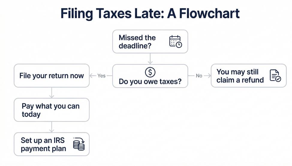 Flowchart showing steps to take after missing the tax filing deadline, including filing now and setting a payment plan