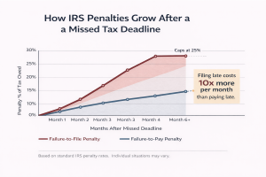 IRS penalty timeline chart showing failure-to-file penalty reaching 25% over five months versus failure-to-pay penalty growing at 0.5% per month after a missed tax deadline