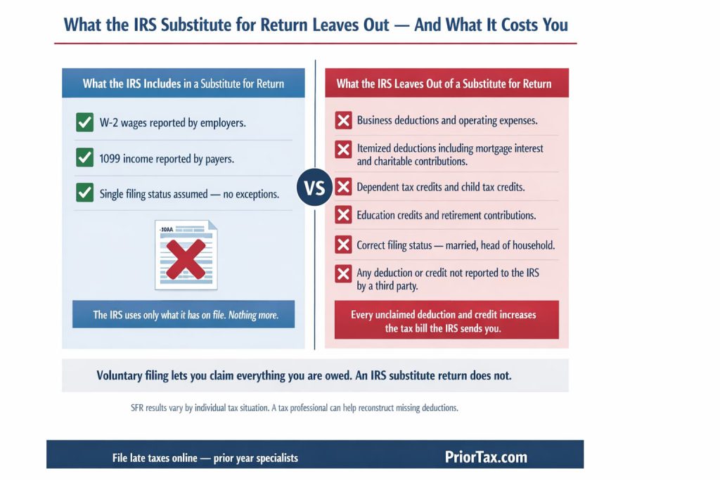 Two-panel checklist comparing what the IRS includes in a substitute for
return — W-2 wages, 1099 income, and single filing status only — versus
what the IRS leaves out, including business deductions, itemized deductions,
dependent credits, education credits, retirement contributions, and correct
filing status, resulting in a higher tax bill than a voluntarily filed
back tax return would produce