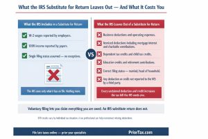 Two-panel checklist comparing what the IRS includes in a substitute for return — W-2 wages, 1099 income, and single filing status only — versus what the IRS leaves out, including business deductions, itemized deductions, dependent credits, education credits, retirement contributions, and correct filing status, resulting in a higher tax bill than a voluntarily filed back tax return would produce
