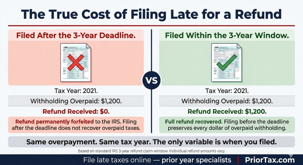 Side-by-side comparison showing two taxpayers with identical $1,200
withholding overpayment for Tax Year 2021 — the taxpayer who filed within
the IRS 3-year refund window received the full $1,200 refund while the
taxpayer who filed after the 3-year deadline received zero, with the refund
permanently forfeited under IRS back tax filing rules.