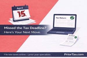 Split graphic showing a missed April 15 tax deadline on a calendar beside a completed e-filed tax return on a laptop, illustrating the path from missing the tax filing deadline to successfully filing a late tax return with IRS confirmation