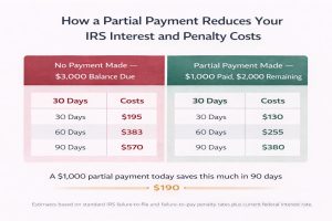 Side-by-side comparison chart showing IRS penalty and interest costs on a $3,000 tax balance at 30, 60, and 90 days with no payment made versus a $1,000 partial payment made, demonstrating cost savings from paying part of a late tax bill immediately after missing the tax deadline