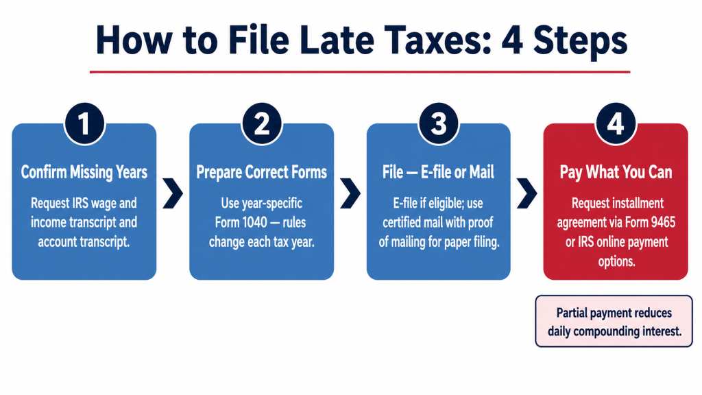 Four-step process diagram for filing late taxes: Step 1 request IRS wage and income transcripts, Step 2 prepare year-specific Form 1040, Step 3 e-file or mail with certified mail proof, Step 4 pay what you can and request an installment agreement via Form 9465