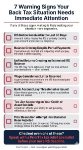 Checklist of seven warning signs that back tax debt needs immediate professional attention: IRS notice received within 30 days, balance growing despite partial payments, unfiled returns inflating IRS estimated balance, wage garnishment letter received, bank levy threatened or issued, tax lien on credit or assets, and prior resolution attempt stalled or rejected, with a PriorTax call to action for back tax relief specialists.