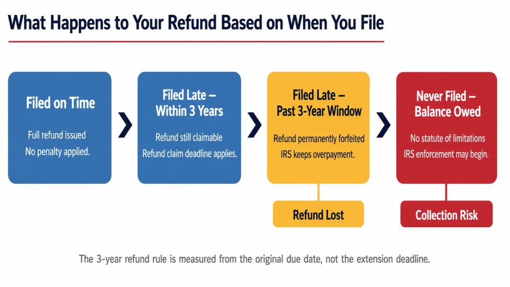 Escalation chain showing four filing outcomes: filed on time receives a full refund, filed late within 3 years can still claim the refund, filed past the 3-year refund rule forfeits the refund permanently, and never filed with a balance owed risks IRS enforcement.