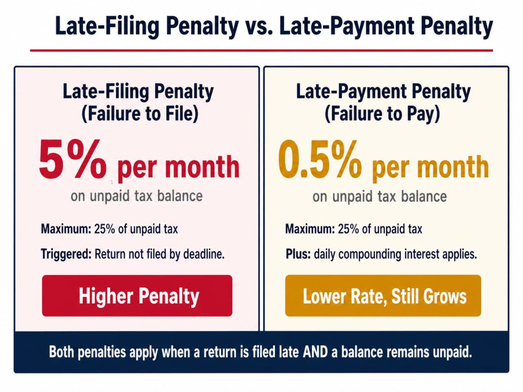 Comparison card showing the late-filing penalty at 5% per month versus the late-payment penalty at 0.5% per month, both capped at 25%, with daily compounding interest noted — helping late filers understand which penalty applies to their situation.