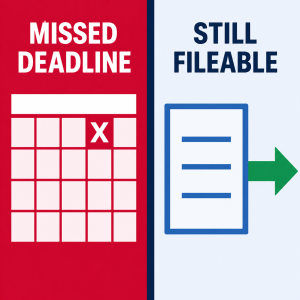 Split-frame featured image showing a crimson calendar with a missed tax deadline marked on the left and an open filing document with a green forward arrow on the right, illustrating that filing a prior-year tax return is still possible after April 15.