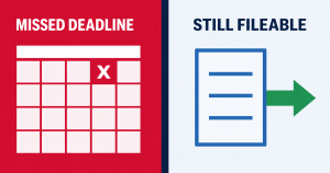 Split-frame featured image showing a crimson calendar with a missed tax deadline marked on the left and an open filing document with a green forward arrow on the right, illustrating that filing a prior-year tax return is still possible after April 15.