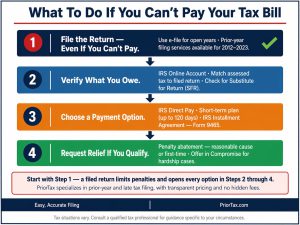 Four-step process diagram for taxpayers who cannot pay their tax bill: Step 1 file the return using e-file or prior-year filing services, Step 2 verify the balance owed in IRS Online Account, Step 3 choose a payment option including IRS installment agreement Form 9465, Step 4 request penalty abatement or Offer in Compromise if eligible.