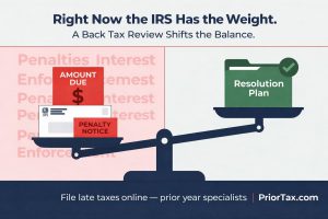 Help with Back taxes infographic showing IRS penalties and amount due outweighing a resolution plan on a balance scale, with PriorTax branding and a message about shifting the balance through a back tax review.