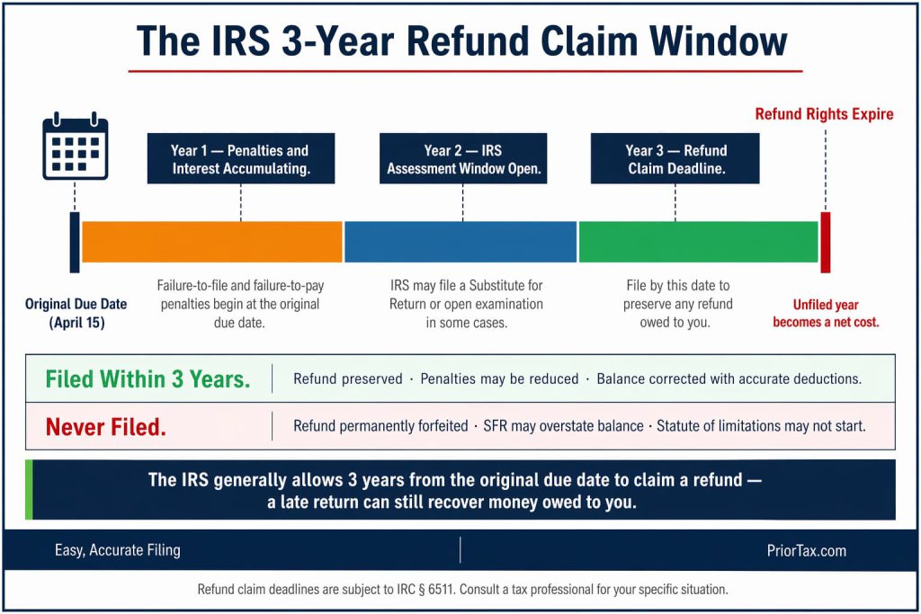 Annotated three-segment timeline showing the IRS 3-year refund claim window, with Year 1 marking penalty accumulation, Year 2 showing the IRS assessment and Substitute for Return window, and Year 3 marking the refund deadline, with a comparison showing filed returns preserve refunds while unfiled returns permanently forfeit them.