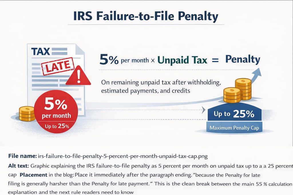 Graphic explaining the IRS failure-to-file penalty as 5 percent per month on unpaid tax up to a 25 percent cap.
