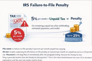 Graphic explaining the IRS failure-to-file penalty as 5 percent per month on unpaid tax up to a 25 percent cap.