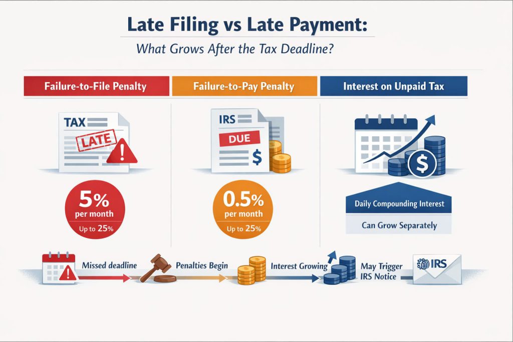 IRS infographic showing failure-to-file penalty failure-to-pay penalty and interest on unpaid tax after a missed tax deadline.