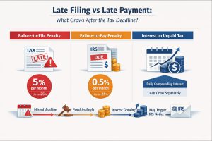 IRS infographic showing failure-to-file penalty failure-to-pay penalty and interest on unpaid tax after a missed tax deadline.