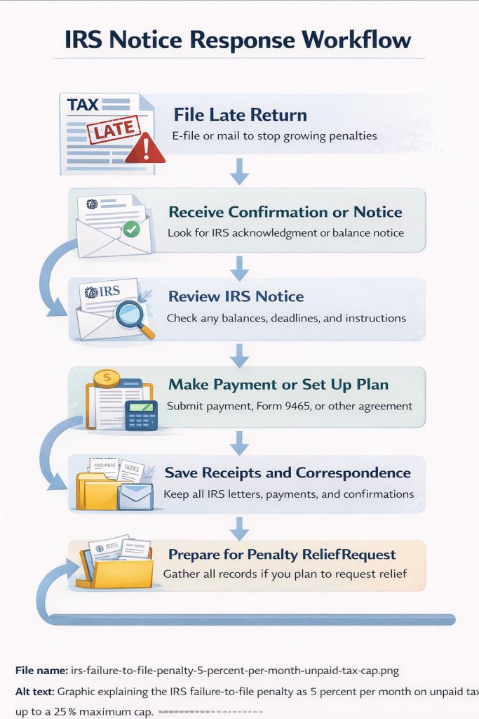 IRS notice response workflow for late tax filing showing filing payment response steps and recordkeeping for penalty relief