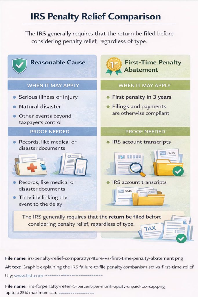 IRS penalty relief comparison showing reasonable cause vs first-time penalty abatement eligibility proof needed and filed-return requirement after late tax filing.
