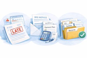 Penalty for filing taxes late featured image showing a late tax return IRS notice payment plan documents and organized records for penalty relief