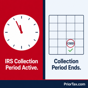 Split-frame infographic showing a crimson countdown clock labeled IRS Collection Period Active on the left and a steel blue calendar with a circled CSED date on the right — the IRS 10-year statute of limitations has a legal endpoint your IRS account transcript can confirm.