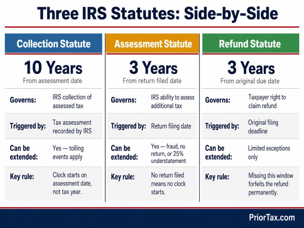Three-column comparison chart showing the IRS 10-year collection statute, 3-year assessment statute, and 3-year refund statute side by side, with trigger events and extension rules for each — use this to identify which IRS deadline applies to your tax situation.