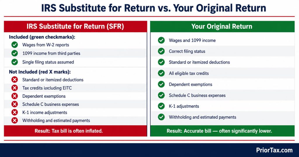 Two-panel comparison of an IRS substitute for return versus an original return — showing omitted deductions, credits, Schedule C expenses, and filing status — with callouts showing how filing back taxes in Texas can reduce an inflated IRS assessment.