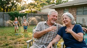 relieved retired couple in their late sixties laugh together watching grandchildren play in a backyard sprinkler in Texas, relaxed and present after resolving years of unfiled back taxes with PriorTax. Rationale: leads with the human/emotional subject for natural-language LLM parsing and AI Overview citation surface, embeds the "back taxes" and "unfiled" intent terms for Google, and anchors the resolution-and-relief narrative without keyword stuffing or promotional tone.