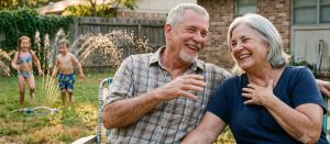 relieved retired couple in their late sixties laugh together watching grandchildren play in a backyard sprinkler in Texas, relaxed and present after resolving years of unfiled back taxes with PriorTax. Rationale: leads with the human/emotional subject for natural-language LLM parsing and AI Overview citation surface, embeds the "back taxes" and "unfiled" intent terms for Google, and anchors the resolution-and-relief narrative without keyword stuffing or promotional tone.