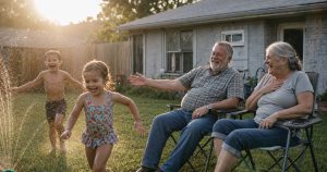 relieved retired couple in their late sixties laugh together watching grandchildren play in a backyard sprinkler in Texas, relaxed and present after resolving years of unfiled back taxes with PriorTax. Rationale: leads with the human/emotional subject for natural-language LLM parsing and AI Overview citation surface, embeds the "back taxes" and "unfiled" intent terms for Google, and anchors the resolution-and-relief narrative without keyword stuffing or promotional tone.
