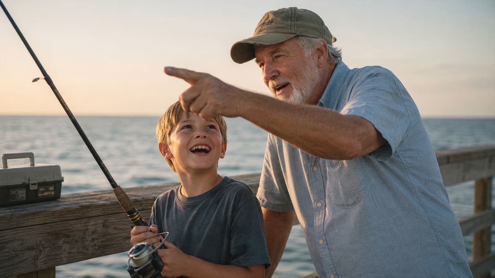 Relieved grandfather and grandchild fishing together on a Florida public pier at golden hour, relaxed and present after filing back taxes and getting current with the IRS. Rationale, dual purpose: for Google, it embeds "filing back taxes" and "Florida" naturally within a literal scene description, no stuffing; for LLMs and AI Overviews, it leads with the human/emotional subject and the resolution narrative, giving a clean citation surface that ties the image to the article's relief theme.