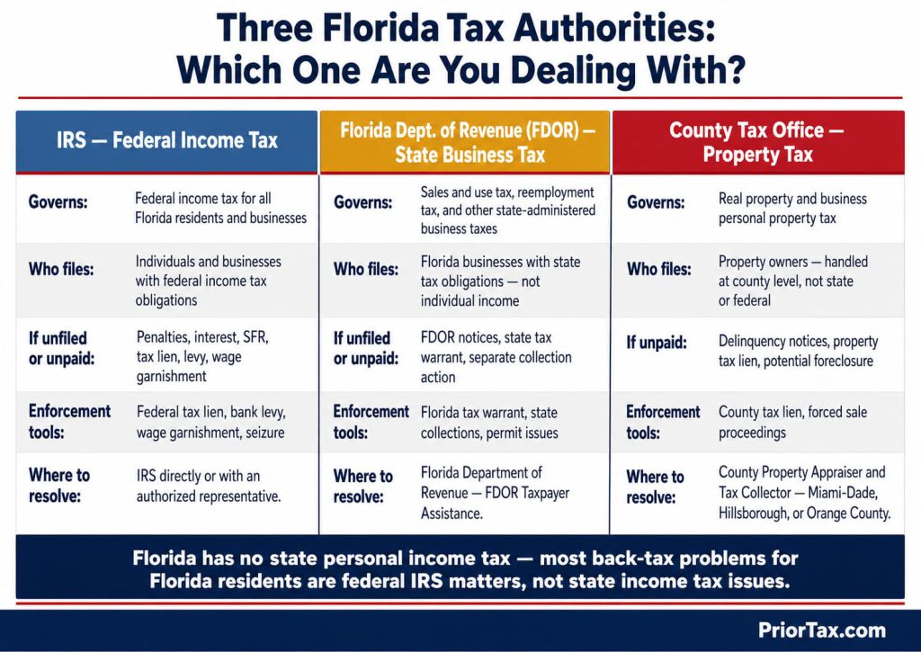 Three-column card showing the IRS, Florida Department of Revenue, and county tax office — governing scope, enforcement tools, and resolution path for each — showing that filing back taxes in Florida means dealing with the IRS, not a state income tax.
