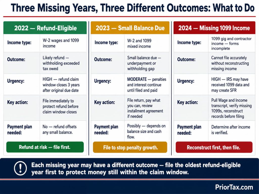Three-column scenario card comparing 2022 refund-eligible, 2023 small balance, and 2024 missing 1099 income outcomes for a Florida taxpayer filing back taxes, with the refund claim window noted for the oldest year and recommended next action for each.