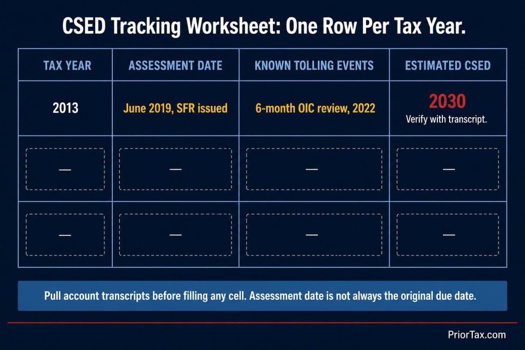 Four-column CSED tracking worksheet showing columns for tax year, assessment date, known tolling events, and estimated CSED — with a sample row for a 2013 SFR assessed in 2019 producing a 2030 CSED — for taxpayers checking whether the IRS can still collect